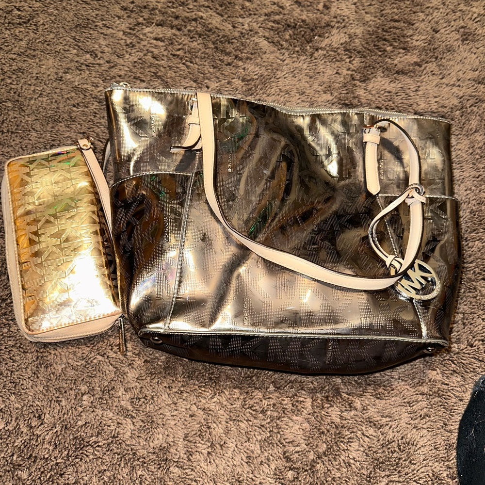 gold Michael Kors purse and wallet set